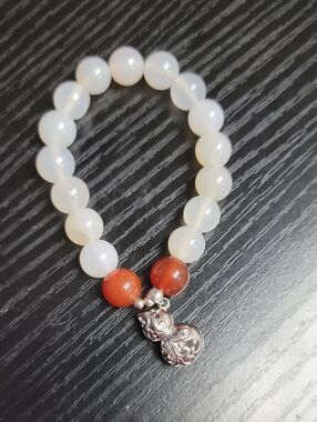 Cream Moonstone Brick Red Carnelian Bead Bracelet with 925 Sterling Silver Charm
